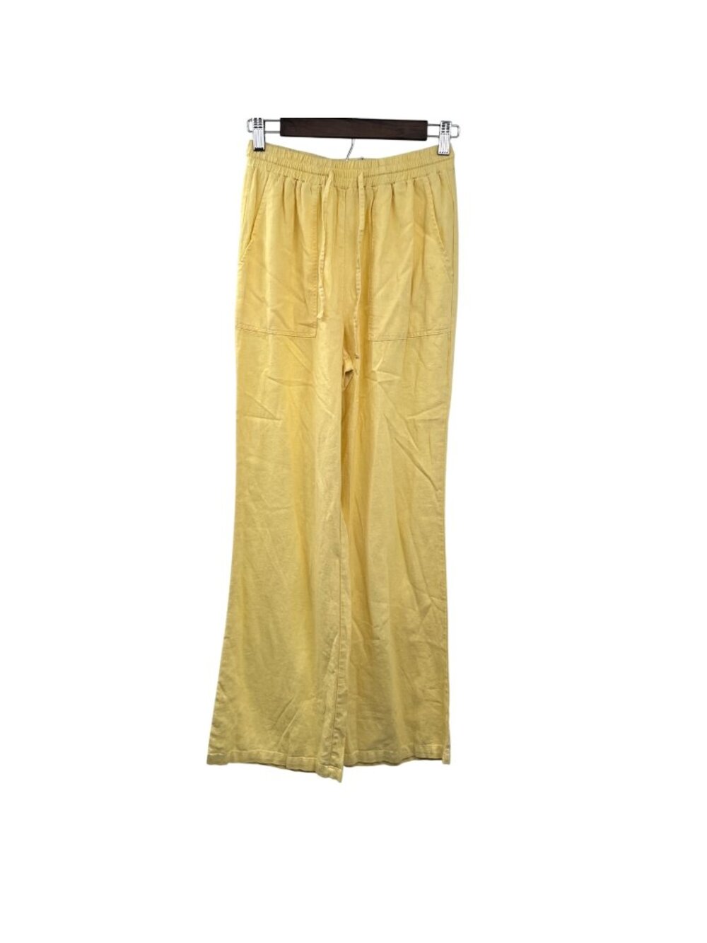 HG Womens Linen Blend Wide Leg Pants Yellow Drawstring Size Small Pockets